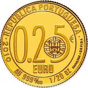 Portugal 0.25 Euro Luis de Camoes 2010 KM# 794 REPÚBLICA PORTUGUESA 0.25 € EURO 2010 AU 999‰ 1/20 OZ ESCULTOR ESPIGA coin obverse Portugal 0.25 Euro Luis de Camoes 2010 KM# 794 REPÚBLICA PORTUGUESA 0.25 € EURO 2010 AU 999‰ 1/20 OZ ESCULTOR ESPIGA coin obverse