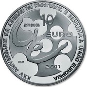 Portugal 10 Euro 25th Anniversary of EU Membership of Portugal and Spain 2011 Proof KM# 808a XXV ANIVERSÁRIO DA ADESÃO DE PORTUGAL E ESPANHA À UNIÃO EUROPEIA 1986 10 EURO 2011 coin reverse