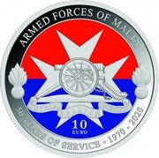 Malta 10 Euro 50th Anniversary of the Armed Forces 2020 ☤ ARMED FORCES OF MALTA 50 YEARS OF SERVICE 1970 - 2020 10 EURO NGR coin reverse