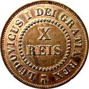 Portugal 10 Reis Luiz I 1863  Belgique Mint KM# Pn133 LUDUVICUS I DEI GRATIA X REIS coin obverse