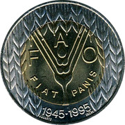 Portugal 100 Escudos 50th Anniversary of FAO 1995 KM# 678 F A O FIAT PANIS 1945 1995 J.DUARTE INCM coin reverse Portugal 100 Escudos 50th Anniversary of FAO 1995 KM# 678 F A O FIAT PANIS 1945 1995 J.DUARTE INCM coin reverse