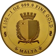 Malta 100 Euro (Melita - National Personification) MALTA € 100 1 OZ 999.9 FINE GOLD coin obverse Malta 100 Euro (Melita - National Personification) MALTA € 100 1 OZ 999.9 FINE GOLD coin obverse