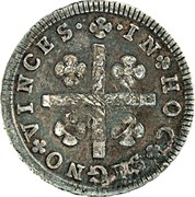 Portugal 100 Reis Countermarked issue over 1/2 Tostao Portugal ND (1887)  IN HOC SIGNO VINCES coin obverse Portugal 100 Reis Countermarked issue over 1/2 Tostao Portugal ND (1887)  IN HOC SIGNO VINCES coin obverse