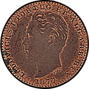 Portugal 100 Reis Luiz I Pattern 1877  LUDOVICUS I PORTUG ET ALGARB REX 1877 coin obverse Portugal 100 Reis Luiz I Pattern 1877  LUDOVICUS I PORTUG ET ALGARB REX 1877 coin obverse