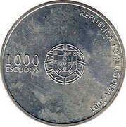 Portugal 1000 Escudos European Football Championship in Portugal 2001 INCM KM# 734 REPUBLICA PORTUGUESA 2001 1000 ESCUDOS coin obverse Portugal 1000 Escudos European Football Championship in Portugal 2001 INCM KM# 734 REPUBLICA PORTUGUESA 2001 1000 ESCUDOS coin obverse