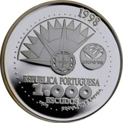 Portugal 1000 Escudos International Year of Oceans 1998 Proof KM# 707a 1000 ESCUDOS 1998 EXPO'98 REPUBLICA PORTUGUESA coin obverse