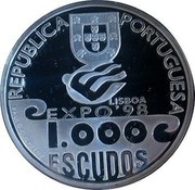 Portugal 1000 Escudos Millennium of Atlantic Sailing 1999 INCM Proof KM# 721a REPÚBLICA PORTUGUESA LISBOA EXPO '98 1.000 ESCUDOS PAULO-GUILHERME coin obverse Portugal 1000 Escudos Millennium of Atlantic Sailing 1999 INCM Proof KM# 721a REPÚBLICA PORTUGUESA LISBOA EXPO '98 1.000 ESCUDOS PAULO-GUILHERME coin obverse