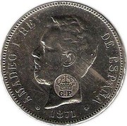 Portugal 1200 Reis Countermarked over Spain KM# 666 1887 KM# 29.7 AMADEO I REY DE ESPAÑA coin obverse Portugal 1200 Reis Countermarked over Spain KM# 666 1887 KM# 29.7 AMADEO I REY DE ESPAÑA coin obverse