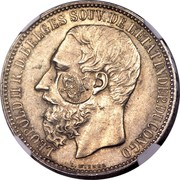 Portugal 1200 Reis Luis I Countermarked over 5 Francs ND (1887)  KM# 29.10 LEOPOLD II R D BELGES SOUV DE L'ETAT INDEP DU CONGO coin obverse Portugal 1200 Reis Luis I Countermarked over 5 Francs ND (1887)  KM# 29.10 LEOPOLD II R D BELGES SOUV DE L'ETAT INDEP DU CONGO coin obverse