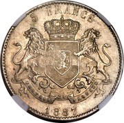 Portugal 1200 Reis Luis I Countermarked over 5 Francs ND (1887)  KM# 29.10 5 FRANCS 1887 coin reverse Portugal 1200 Reis Luis I Countermarked over 5 Francs ND (1887)  KM# 29.10 5 FRANCS 1887 coin reverse