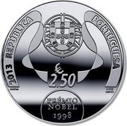 Portugal 2,50 € 15th Anniversary of the Literature Nobel Prize - Jose Saramango 2013 Proof KM# 854a 2013 REPÚBLICA PORTUGUESA 2.5 € INCM VICTOR SANTOS PRÉMIO NOBEL 1998 coin obverse Portugal 2,50 € 15th Anniversary of the Literature Nobel Prize - Jose Saramango 2013 Proof KM# 854a 2013 REPÚBLICA PORTUGUESA 2.5 € INCM VICTOR SANTOS PRÉMIO NOBEL 1998 coin obverse