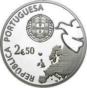 Portugal 2,50 € 70 Years of Peace in Europe 2015 Proof KM# 857a REPÚBLICA PORTUGUESA 2€50 coin obverse Portugal 2,50 € 70 Years of Peace in Europe 2015 Proof KM# 857a REPÚBLICA PORTUGUESA 2€50 coin obverse