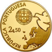 Portugal 2,50 Euro 70 Years of Peace in Europe 2015 INCM Proof KM# 857b REPÚBLICA PORTUGUESA 2€50 coin obverse Portugal 2,50 Euro 70 Years of Peace in Europe 2015 INCM Proof KM# 857b REPÚBLICA PORTUGUESA 2€50 coin obverse