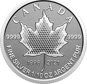 Canada 2 Dollars 25th Anniversary Maple Leaf. Our Arboreal Emblem 2021 9999 9999 1996 2021 CANADA FINE SILVER 1/10 OZ ARGENT PUR coin reverse Canada 2 Dollars 25th Anniversary Maple Leaf. Our Arboreal Emblem 2021 9999 9999 1996 2021 CANADA FINE SILVER 1/10 OZ ARGENT PUR coin reverse