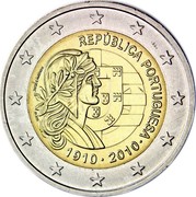 Portugal 2 Euro 100th Anniversary of Portuguese Republic 2010 KM# 796 REPÚBLICA PORTUGUESA 1910 2010 INCM JOSÉ CÂNDIDO coin obverse Portugal 2 Euro 100th Anniversary of Portuguese Republic 2010 KM# 796 REPÚBLICA PORTUGUESA 1910 2010 INCM JOSÉ CÂNDIDO coin obverse