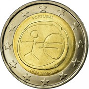 Portugal 2 Euro 10th Anniversary of the European Monetary Union 2009 KM# 785 PORTUGAL INCM ΓΣ UEM 1999-2009 coin obverse Portugal 2 Euro 10th Anniversary of the European Monetary Union 2009 KM# 785 PORTUGAL INCM ΓΣ UEM 1999-2009 coin obverse