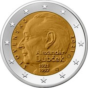 Slovakia 2 Euro Alexander Dubcek 2021 SLOVENSKO 2021 ALEXANDER DUBČEK 1921 1992 coin obverse Slovakia 2 Euro Alexander Dubcek 2021 SLOVENSKO 2021 ALEXANDER DUBČEK 1921 1992 coin obverse
