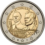 Luxembourg 2 Euro (Grand Duke Henri and Jean) GROUSSHERZOGE VE LËTZEBUERG 1921 JEAN HENRI 2021 coin obverse Luxembourg 2 Euro (Grand Duke Henri and Jean) GROUSSHERZOGE VE LËTZEBUERG 1921 JEAN HENRI 2021 coin obverse