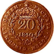 Portugal 20 Reis Countermarked issue over 20 Reis Maria II Mozambique ND (1871)  PECUNIA.TOTUM.CIRCUMIT.ORBEM .20. .1840. coin obverse Portugal 20 Reis Countermarked issue over 20 Reis Maria II Mozambique ND (1871)  PECUNIA.TOTUM.CIRCUMIT.ORBEM .20. .1840. coin obverse