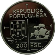 Portugal 200 Esc 450th Anniversary Discovery of California 1992 Proof KM# 661c REPÚBLICA PORTUGUESA PT 1 OZ. 200 ESC. coin obverse
