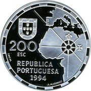 Portugal 200 Esc 500th Anniversary of the Division of the World Treaty 1994 KM# 672a 200 ESC REPUBLICA PORTUGUESA 1994 INCM A.MARINHO coin obverse Portugal 200 Esc 500th Anniversary of the Division of the World Treaty 1994 KM# 672a 200 ESC REPUBLICA PORTUGUESA 1994 INCM A.MARINHO coin obverse