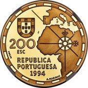 Portugal 200 Esc 500th Anniversary of the Division of the World Treaty 1994 Proof KM# 672b 200 ESC REPUBLICA PORTUGUESA 1994 INCM A.MARINHO coin obverse Portugal 200 Esc 500th Anniversary of the Division of the World Treaty 1994 Proof KM# 672b 200 ESC REPUBLICA PORTUGUESA 1994 INCM A.MARINHO coin obverse