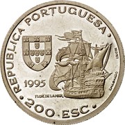 Portugal 200 Esc Afonso de Albuquerque 1995 KM# 681a REPUBLICA PORTUGUESA 200 ESC INCM 1995 FLOR DE LAMAR S.MACHADO coin obverse