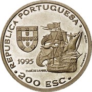 Portugal 200 Esc Afonso de Albuquerque 1995 KM# 681 REPUBLICA PORTUGUESA 200 ESC INCM 1995 FLOR DE LAMAR S.MACHADO coin obverse