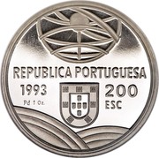 Portugal 200 Esc Espringarda 1993 Proof KM# 666c REPUBLICA PORTUGUESA 1993 200 ESC PD 1 OZ. coin obverse Portugal 200 Esc Espringarda 1993 Proof KM# 666c REPUBLICA PORTUGUESA 1993 200 ESC PD 1 OZ. coin obverse