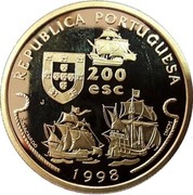 Portugal 200 Esc Vasco da Gama 1998 Proof KM# 709b REPUBLICA PORTUGUESA 200 ESC 1998 J coin obverse Portugal 200 Esc Vasco da Gama 1998 Proof KM# 709b REPUBLICA PORTUGUESA 200 ESC 1998 J coin obverse