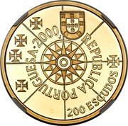 Portugal 200 Escudos Florida's Exploration 2000 Proof KM# 730b REPUBLICA PORTUGUESA 2000 200 ESCUDOS coin obverse Portugal 200 Escudos Florida's Exploration 2000 Proof KM# 730b REPUBLICA PORTUGUESA 2000 200 ESCUDOS coin obverse