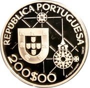 Portugal 200 Escudos New World. America 1992 Proof KM# 660c REPÚBLICA PORTUGUESA INCM 200 $ 00 A MACHADON coin obverse
