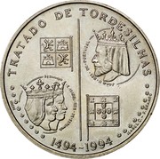 Portugal 200 Escudos Treaty of Tordesilhas 1994 KM# 671 TRATADO DE TORDESILHAS 1494-1994 FERNANDO E ISABEL REIS DE ESPANA JOÃO II REI DE PORTUGAL ISABEL C.-F.BRANCO coin reverse Portugal 200 Escudos Treaty of Tordesilhas 1994 KM# 671 TRATADO DE TORDESILHAS 1494-1994 FERNANDO E ISABEL REIS DE ESPANA JOÃO II REI DE PORTUGAL ISABEL C.-F.BRANCO coin reverse