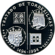 Portugal 200 Escudos Treaty of Tordesilhas 1994 KM# 671a TRATADO DE TORDESILHAS FERNANDO E ISABEL REIS DE ESPANHA JOÃO II REI DE PORTUGAL 1494-1994 INCM ISABEL C. - F. BRANCO coin reverse Portugal 200 Escudos Treaty of Tordesilhas 1994 KM# 671a TRATADO DE TORDESILHAS FERNANDO E ISABEL REIS DE ESPANHA JOÃO II REI DE PORTUGAL 1494-1994 INCM ISABEL C. - F. BRANCO coin reverse