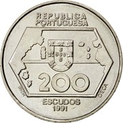 Portugal 200 Escudos Westward Navigation 1991 KM# 659 REPUBLICA PORTUGUESA 200 ESCUDOS INCM D'EÇA 1991 coin obverse Portugal 200 Escudos Westward Navigation 1991 KM# 659 REPUBLICA PORTUGUESA 200 ESCUDOS INCM D'EÇA 1991 coin obverse