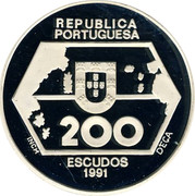 Portugal 200 Escudos Westward Navigation 1991 KM# 659a REPUBLICA PORTUGUESA 200 ESCUDOS INCM D'EÇA 1991 coin obverse Portugal 200 Escudos Westward Navigation 1991 KM# 659a REPUBLICA PORTUGUESA 200 ESCUDOS INCM D'EÇA 1991 coin obverse