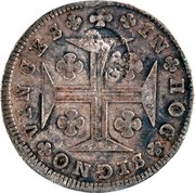 Portugal 200 Reis Countermark over 150 Reis Maria I ND (1887)  IN HOC SIGNO VINCES G.P. coin reverse Portugal 200 Reis Countermark over 150 Reis Maria I ND (1887)  IN HOC SIGNO VINCES G.P. coin reverse