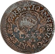 Portugal 200 Reis Countermarked issue over Lxxx Reis Portugal ND (1887)  IOANNES V D G PORT ET ALG REX LXXX coin obverse Portugal 200 Reis Countermarked issue over Lxxx Reis Portugal ND (1887)  IOANNES V D G PORT ET ALG REX LXXX coin obverse