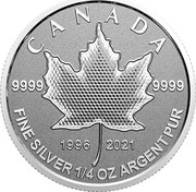 Canada 3 Dollars 25th Anniversary Maple Leaf. Our Arboreal Emblem 2021 9999 9999 1996 2021 CANADA FINE SILVER 1/4 OZ ARGENT PUR coin reverse Canada 3 Dollars 25th Anniversary Maple Leaf. Our Arboreal Emblem 2021 9999 9999 1996 2021 CANADA FINE SILVER 1/4 OZ ARGENT PUR coin reverse