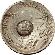 Portugal 300 Reis Countermarked over 2 Reales Mexico ND (1887)  G.P. coin obverse Portugal 300 Reis Countermarked over 2 Reales Mexico ND (1887)  G.P. coin obverse