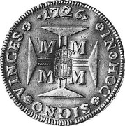 Portugal 4 Cruzados Countermarked on Brazil 20000 Reis KM# 117 1834 KM# 467 IN HOC SIGNO VINCES 1726 coin obverse Portugal 4 Cruzados Countermarked on Brazil 20000 Reis KM# 117 1834 KM# 467 IN HOC SIGNO VINCES 1726 coin obverse