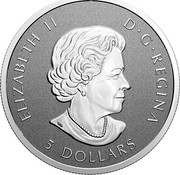 Canada 5 Dollars 25th Anniversary Maple Leaf. Our Arboreal Emblem 2021 ELIZABETH II D G REGINA 5 DOLLARS coin obverse Canada 5 Dollars 25th Anniversary Maple Leaf. Our Arboreal Emblem 2021 ELIZABETH II D G REGINA 5 DOLLARS coin obverse