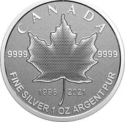 Canada 5 Dollars 25th Anniversary Maple Leaf. Our Arboreal Emblem 2021 1996 2021 9999 9999 CANADA FINE SILVER 1 OZ ARGENT PUR coin reverse Canada 5 Dollars 25th Anniversary Maple Leaf. Our Arboreal Emblem 2021 1996 2021 9999 9999 CANADA FINE SILVER 1 OZ ARGENT PUR coin reverse