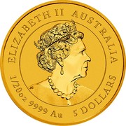 Australia 5 Dollars Year of the Ox 2021 P UNC ELIZABETH II AUSTRALIA JC 1/20 OZ 9999 AU 5 DOLLARS coin obverse