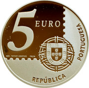 Portugal 5 Euro 150th Anniversary of the First Portuguese Stamp 2003 INCM KM# 749a 5 EURO REPÚBLICA PORTUGUESA ESC. VITOR SANTOS INCM coin obverse Portugal 5 Euro 150th Anniversary of the First Portuguese Stamp 2003 INCM KM# 749a 5 EURO REPÚBLICA PORTUGUESA ESC. VITOR SANTOS INCM coin obverse