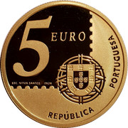 Portugal 5 Euro 150th Anniversary of the First Portuguese Stamp 2003 INCM Proof KM# 749b 5 EURO ESC. VITOR SANTOS INCM REPÚBLICA PORTUGUESA coin obverse Portugal 5 Euro 150th Anniversary of the First Portuguese Stamp 2003 INCM Proof KM# 749b 5 EURO ESC. VITOR SANTOS INCM REPÚBLICA PORTUGUESA coin obverse