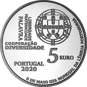 Portugal 5 Euro Portuguese Language Day 2020 INCM silver proof 5 EURO PORTUGAL 2020 5 DE MAIO DIA MUNDIAL DA LÍNGUA PORTUGUÊSA coin obverse Portugal 5 Euro Portuguese Language Day 2020 INCM silver proof 5 EURO PORTUGAL 2020 5 DE MAIO DIA MUNDIAL DA LÍNGUA PORTUGUÊSA coin obverse