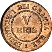 Portugal 5 Reis Luiz I 1863  KM# Pn130 LUDOVICUS I DEI GRATIA REX V REIS coin obverse