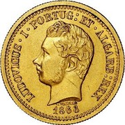 Portugal 5000 Reis Luis I Pattern 1866  KM# Pn148 LUDOVICUS I PORTUG ET ALGARB REX C. WIENER 1866 coin obverse Portugal 5000 Reis Luis I Pattern 1866  KM# Pn148 LUDOVICUS I PORTUG ET ALGARB REX C. WIENER 1866 coin obverse