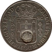 Portugal 600 Reis Countermarked issue over 640 Reis Brazil ND (1887)  MARIA I Æ PETRUS III D G PORT REGES Æ BRAS D 17 80 640 coin obverse Portugal 600 Reis Countermarked issue over 640 Reis Brazil ND (1887)  MARIA I Æ PETRUS III D G PORT REGES Æ BRAS D 17 80 640 coin obverse
